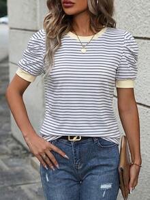 EMERY ROSE Women's Striped Round Neck Short Petal Sleeve Casual T-Shirt - Pale Yellow - View 4