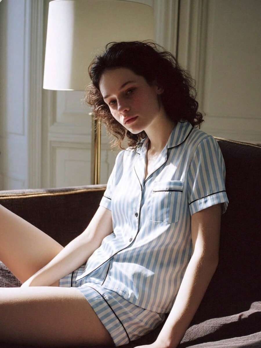 Zazumi 女款緞面睡衣套裝,3件式條紋睡衣居家服,鈕扣開襟家居服套裝 - 藍色 - 查看 1