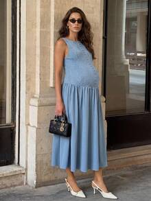 MaterniWear Maternity Sleeveless Casual Elegant Maternity Dress With Geometric Texture Photoshoot Baby Blue Summer - Blue - View 2