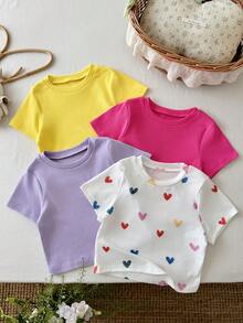 SHEIN 4pcs Young Girl Dopamine Colorful Pullover Set, Soft & Comfortable Ribbed Fabric, Cute Heart Print, Suitable For Spring & Summer - Multicolor - View 5