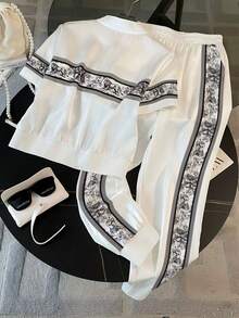 Resyla Women's Summer Vacation Forest Lion Fashion Print Sleeve Short-Sleeve Cardigan Top + Side Pocket Casual Pants, Holiday Black And White Summer Set - White - View 2