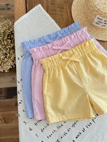 SHEIN LMoss Kids LMoss 女童三件套休闲夏季套装：梭织柔软双层纱褶边短裤，松紧腰带，纯色，百搭透气 - 彩色 - 查看 6
