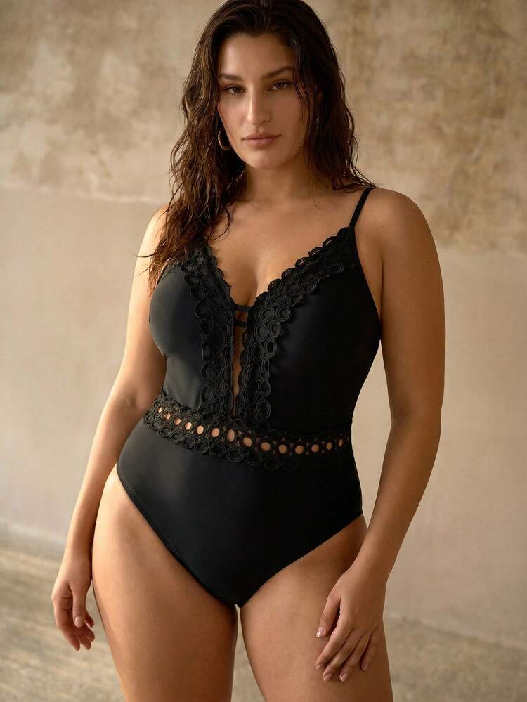 DELICATE WATER-SOLUBLE LACE SPLICE HOLLOW OUT SPAGHETTI STRAP BACKLESS PLUS SIZE WOMEN BEACH ONE-PIECE SWIMSUIT