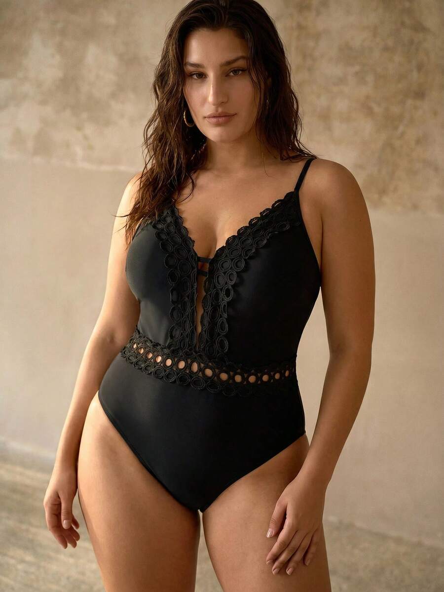 MOTF PREMIUM DELICATE WATER-SOLUBLE LACE SPLICE HOLLOW OUT SPAGHETTI STRAP BACKLESS PLUS SIZE WOMEN BEACH ONE-PIECE SWIMSUIT SUMMER SEXY - Black - View 2