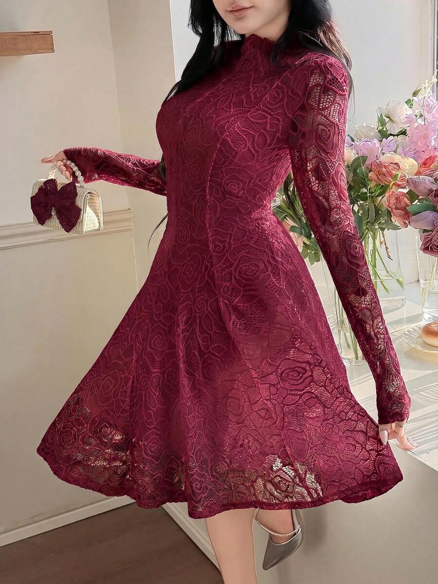 Feyla Women's Elegant Solid Color Lace Mini Dress - Burgundy - View 1