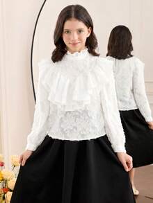 SHEIN Áo kiểu nữ tuổi teen màu trắng trơn, thanh lịch, tinh tế, phong cách cổ điển cung đình, cổ đứng, bèo nhún, chất liệu jacquard, tay loe, cài cúc, thích hợp mặc hàng ngày, đi học, quần áo nữ tuổi teen, áo babydoll, áo trắng, áo sơ mi trắng, áo tay dài. - trắng - Xem 4