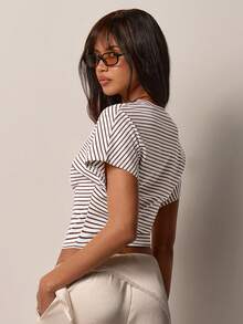 COSMINA Women's Striped Fitted Casual Daily T-Shirt - Brown - View 2