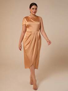 ELLERISSA Vestido Lápis Assimétrico de Cetim Laranja Plus Size - Laranja - Visão 3