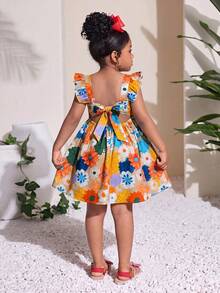 SHEIN Blue Butterfly Summer Matching Family Vacation Holiday Girls Vibrant Floral Pattern A-Line Dress,Ruffle Sleeve Cutout Back Bow Knot Party Mini Dress - Orange - View 2
