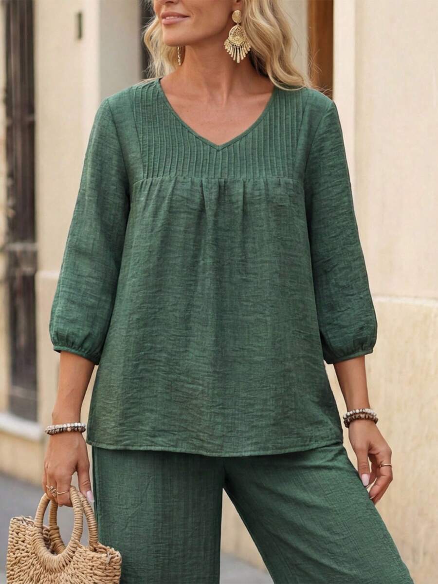 Faunlyn 女士休闲V领条纹灯笼袖衬衫,夏季 - 綠色 - 查看 1