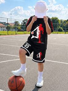 Boys' (Large) Pure Black Loose Fit Short Sleeve T-Shirt, Crisp Silhouette, Front Printed With Red And White Contrast Basketball Player Silhouette In Splatter Style Design, Dynamic Look; Back With Prominent Number 23 - Multicolor - View 1