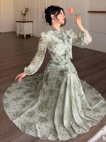 Modelyn Green Tie Collar Ruched Waist Women's Dress, Suitable For Spring And Autumn - Green - View 7