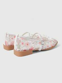 ROMWE Kawaii Giày nữ thời trang mũi vuông, lưới, ren, thêu chữ, khóa kim loại, đế dày, dễ thương, thanh lịch, thoải mái, dễ phối váy, giày bệt đa năng. - Hoa anh đào - Bột - Xem 4