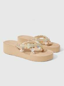 ROMWE Fairycore Dép sandal nữ đế bệt mùa hè hở ngón kiểu La Mã đi biển, đính hoa 3D, chất liệu rơm, mát, dép đi trong kỳ nghỉ, giày thời trang - Màu be + sao biển - Xem 2
