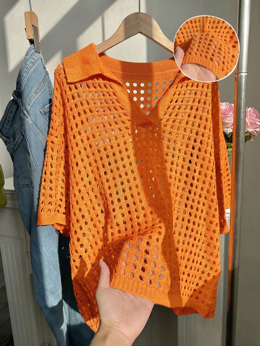SHEIN EZwear Atasan Sweater Lengan Pendek Berkerah Warna Polos Kasual Ukuran Besar untuk Wanita, Warna Kuning, Atasan Musim Panas untuk Musim Gugur/Dingin - Jeruk - View 1