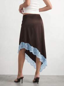 Sinnesro Dark Brown Summer Color-Blocked Midi Skirt,Elegant Date Night Vintage Style,Stylish High-End Vacation Commute Relaxed Fashionable Skirts ,Petite Women - Brown - View 5