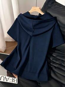 Resyla Women's Solid Color Short Sleeve Zip Front Drawstring Hooded Sweatshirt - Navy Blue - View 2