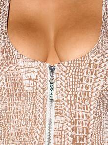 KIZN Snakeskin Print Bustier Corset Tank Top With Zip Front And Halter Neck Style - Brown - View 3