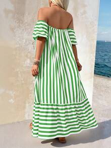 Breezaya Plus Size Off-Shoulder Striped Long Loose Dress, Fashionable Summer - Lime Green - View 2