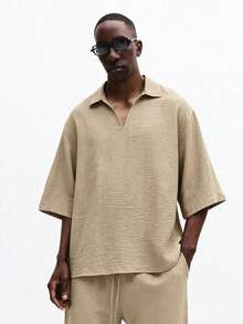 SUMWON Relaxed Linen Feel Short Sleeve Collared Shirt Textured Breathable Casual Summer Resort Vacation Coordinate Matching Set Beige,Linen Two Piece Set For - Khaki - View 3