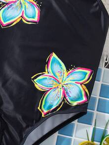 SHEIN Kids Young Girl Baby Yellow Floral Print One-Piece Swimsuit,Vintage Luxury Y2K Aesthetic  Beachwear For Summer,Beach,Family Vacation,Holiday,Pool - Black - View 6