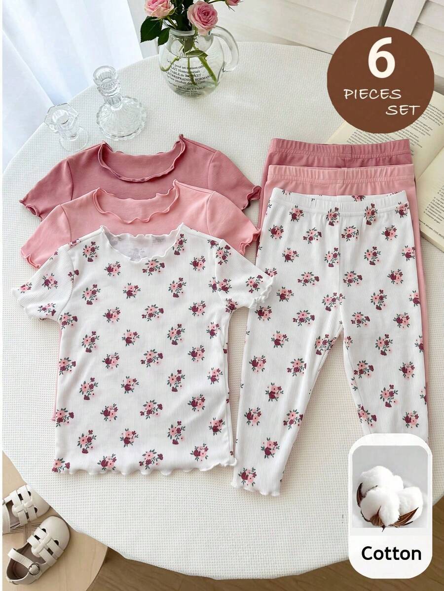 LMoss Kids 6件套女婴可爱休闲碎花弹力针织连体衣套装 - 粉色 - 查看 1