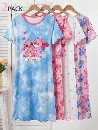 2 Pack Teen Pajamas, Sky Blue Tie-Dye Effect Round Neck Short Sleeve Contrast Collar, Ruffle Hem And Sleeves, Sky Blue Naughty Lulu Graphic And 2 Different Color Naughty Lulu With Small Flowers And "Cute" Text, Soft And Skin-Friendly Knit Fabric, Casual Mid-Length Nightgown, Simple Design For Easy Matching, Stretchy, Machine Washable, Comfortable Fit