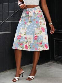 Jeanoix BOHO Patchwork Floral Pattern Washed Denim A-Line Skirt - Multicolor - View 6