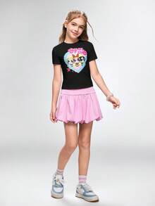 THE POWERPUFF GIRLS X SHEIN 少女圆领卡通字母印花休闲百搭日常穿T恤 - 黑色 - 查看 5
