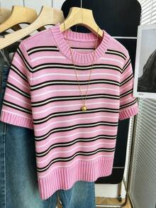 SHEIN 新款春夏韩版休闲宽松个性条纹撞色针织女式上衣 - 粉色 - 查看 6