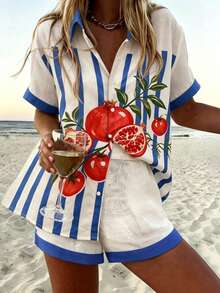 Vaclyn Women's Pomegranate Striped Short Sleeve Shirt And Shorts Casual 2 Pieces Set - Multicolor - View 1