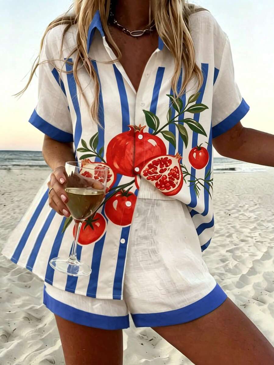 Vaclyn Women's Pomegranate Striped Short Sleeve Shirt And Shorts Casual 2 Pieces Set - Multicolor - View 1