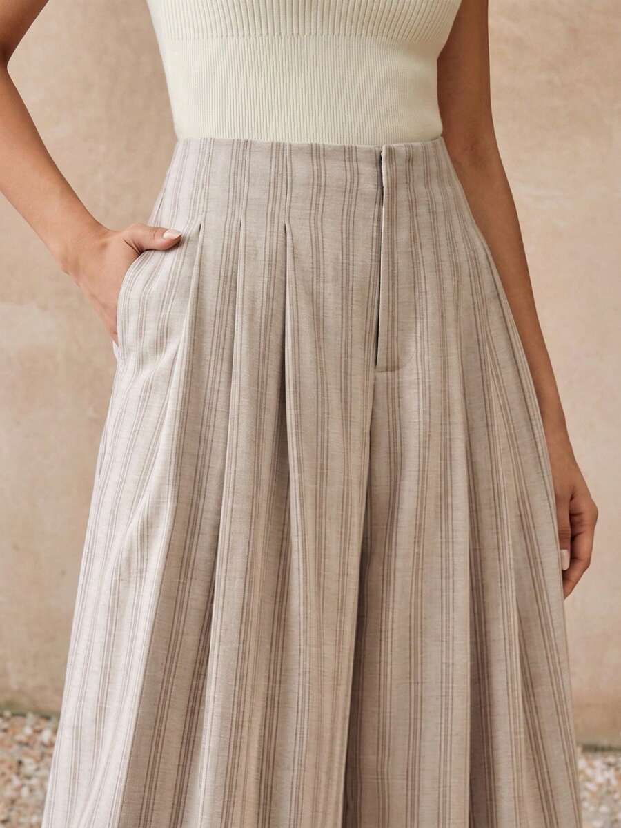 Anewsta Quần ống rộng kẻ sọc kaki mùa hè, quần ống chữ A xếp ly cạp cao dành cho nữ - Màu Khaki - Xem 1