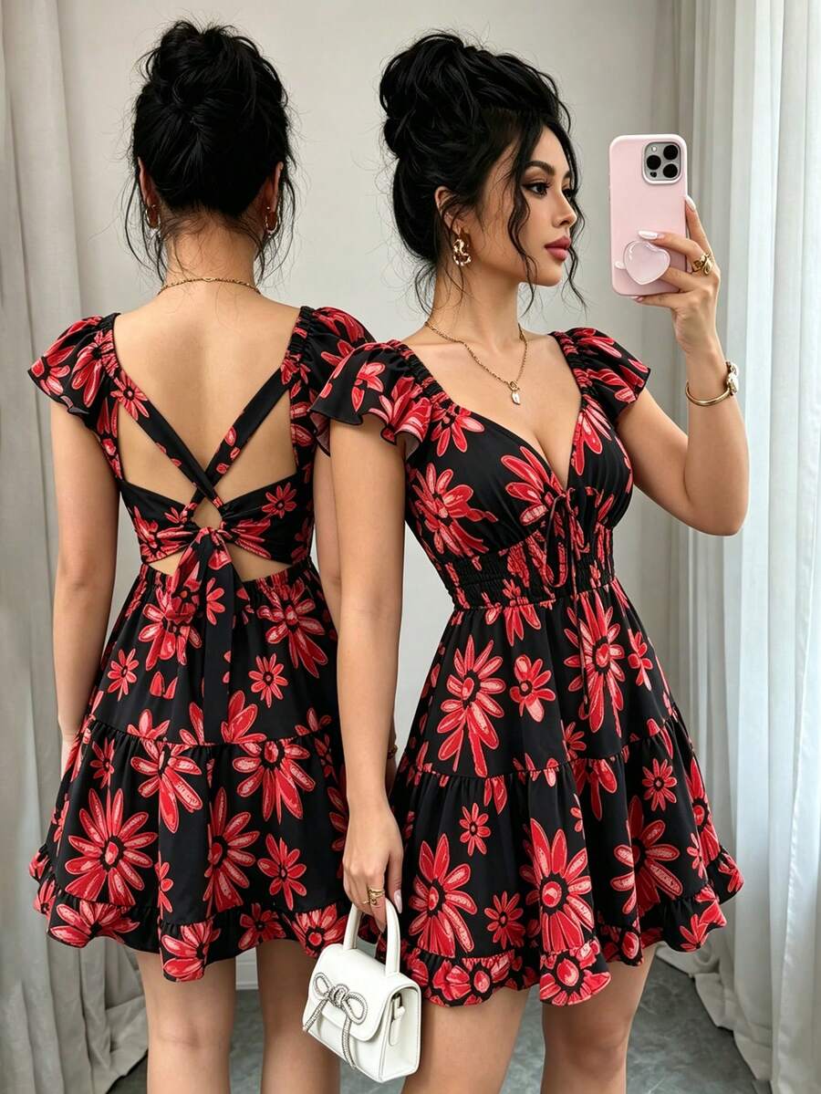 Elenzga Đầm mini nữ thanh lịch, thời trang, thoải mái, quyến rũ, cổ điển, tối giản, cao cấp, lãng mạn, thích hợp cho kỳ nghỉ hè, hở lưng, tay bồng xếp ly, thắt eo chéo, dáng chữ A, họa tiết hoa nhuộm tie-dye (Họa tiết ngẫu nhiên) - màu đen - Xem 1