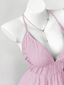 Rustia Plus Size Women Striped Halter Neck Ruched Casual Date Party Dress - Pink - View 3