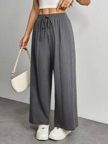 SHEIN PETITE Pantaloni casual in lino color cachi corti, pantaloni da lavoro autunnali per donna - Grigio Scuro - Visualizzare 11