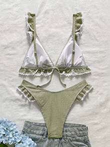 Swim Mod 2件組女孩特製面料條紋荷葉邊三角比基尼上衣與V型開衩三角泳褲泳裝 - 軍綠色 - 查看 2