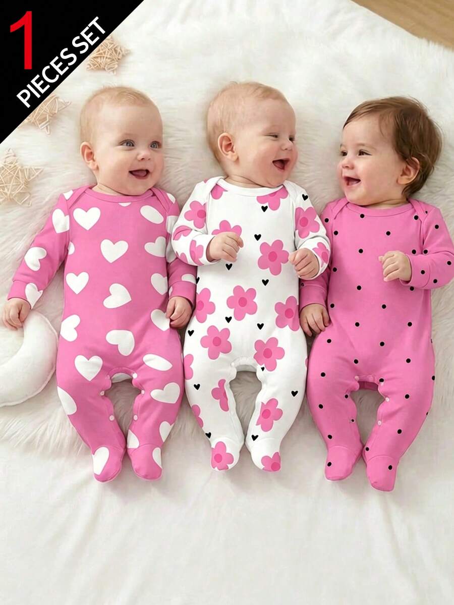 SHEIN [Ngẫu nhiên 3 bộ, gửi 1 bộ] Bộ đồ ngủ liền thân in hình trái tim dễ thương, họa tiết hoa nghệ thuật, chấm bi màu hồng cánh sen, thoải mái và tiện lợi, bộ đồ ngủ mùa xuân/hè mềm mại, giúp bé trông đáng yêu và năng động, chất liệu mềm mại và thoải mái. - Nhiều màu - Xem 1