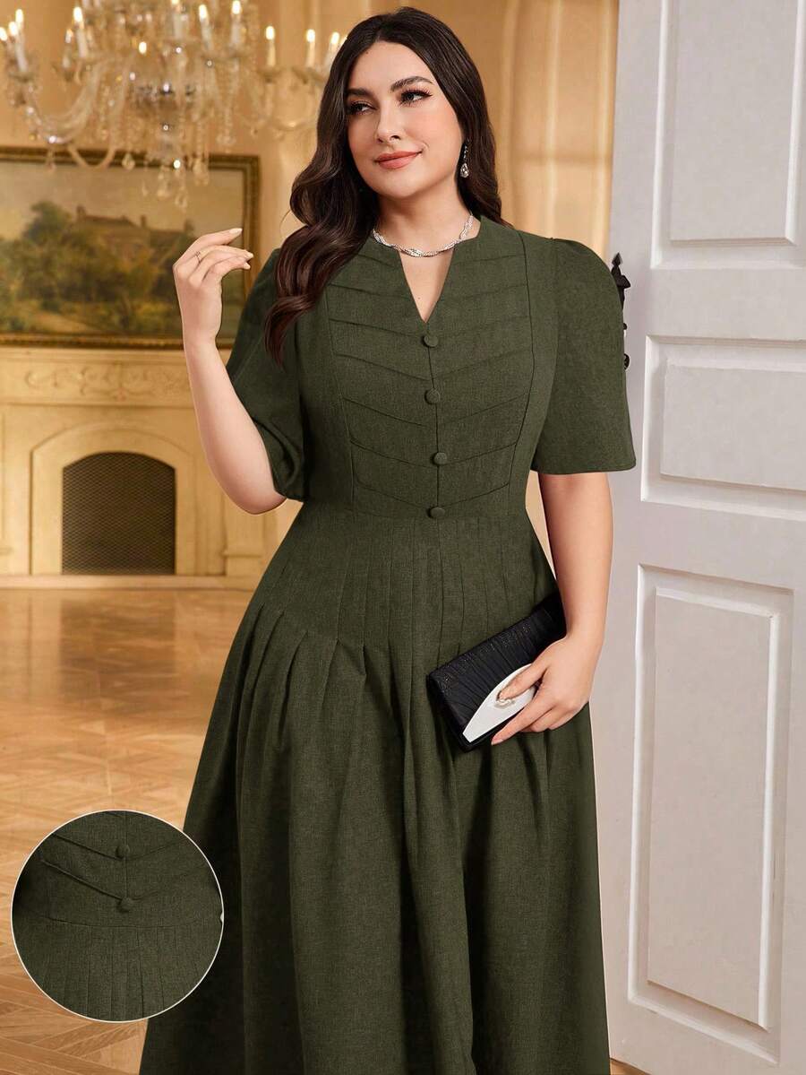 Modelyn 大码女式纯色V领短袖优雅连衣裙 - 軍綠色 - 查看 1
