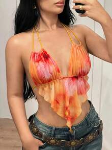 SHEIN ICON 女士时尚性感扎染印花网纱露背吊带背心红色上衣 - 橘色 - 查看 8