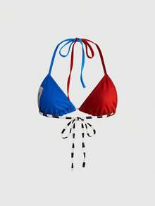 ROMWE Summer Beach Vacation Colorblock Print Triangle Bikini Top Red White And Blue Sexy Y2k - Multicolor - View 2