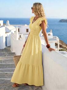 SHEIN Holidaya Women's Solid Color V-Neck Cap Sleeve Waist Ruched Dress, Vacation - Butter Yellow - View 3