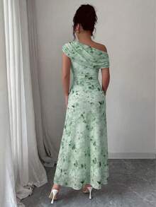 Modelyn 花卉蝴蝶印花网纱不对称荷叶边浪漫夏季优雅中长连衣裙 - 綠色 - 查看 2