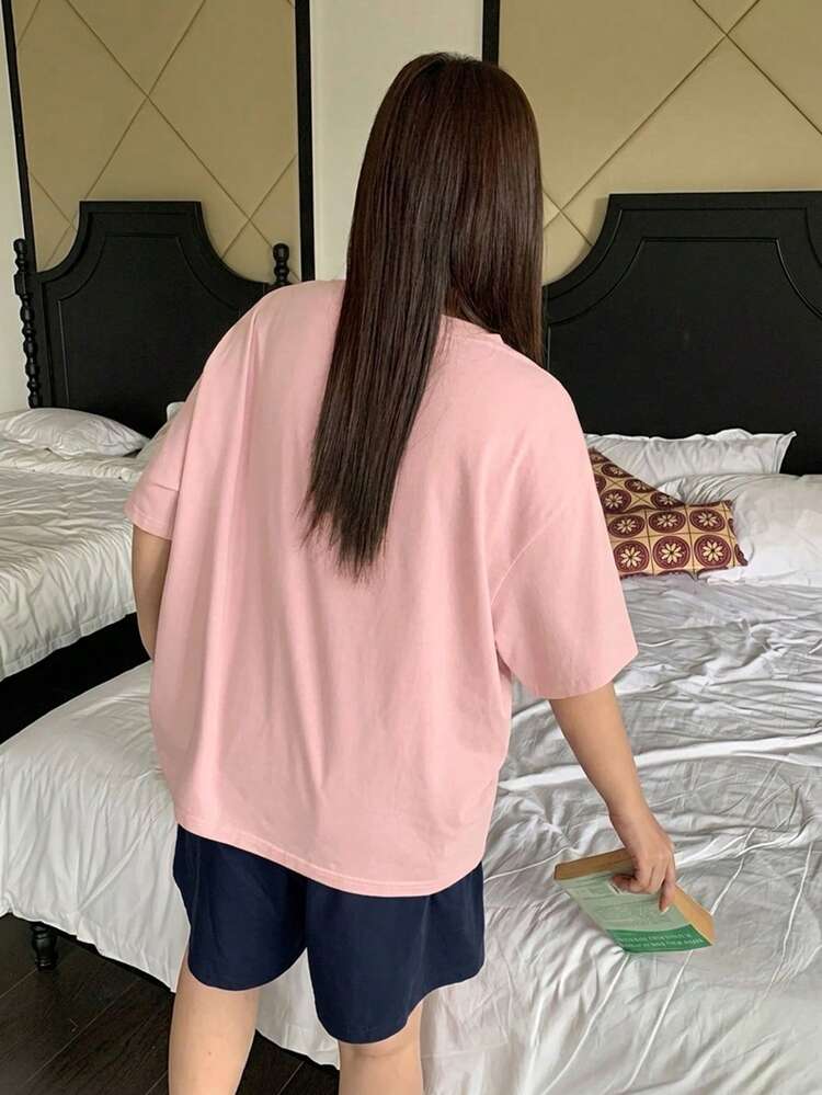 Dazy Plus 2pcs Casual Lounge Wear Set, Loose Short Sleeve Top And Elastic Waist Shorts, Spring/Summer Plus Size Women Pajamas