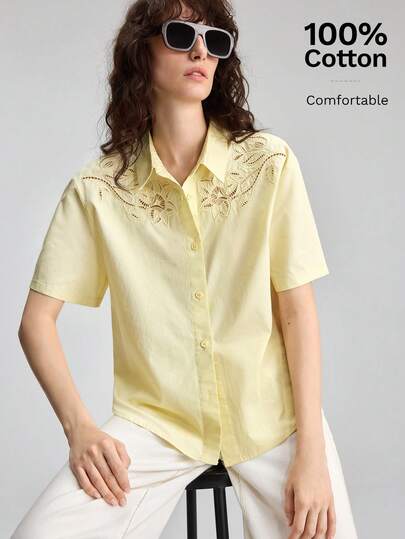 Ontre 2026SS Summer New Women's Loose Fit Solid Cream Yellow Shirt, Minimalist Elegant Urban Chic Hollow Embroidery Button Down Short Sleeve Blouse, Suitable For Outings, Vacations, Parties, Weddings, Office, Back To School, Fashion Versatile Women's Shirt, Vacations, Parties,  Office, School, Fashion Versatile,