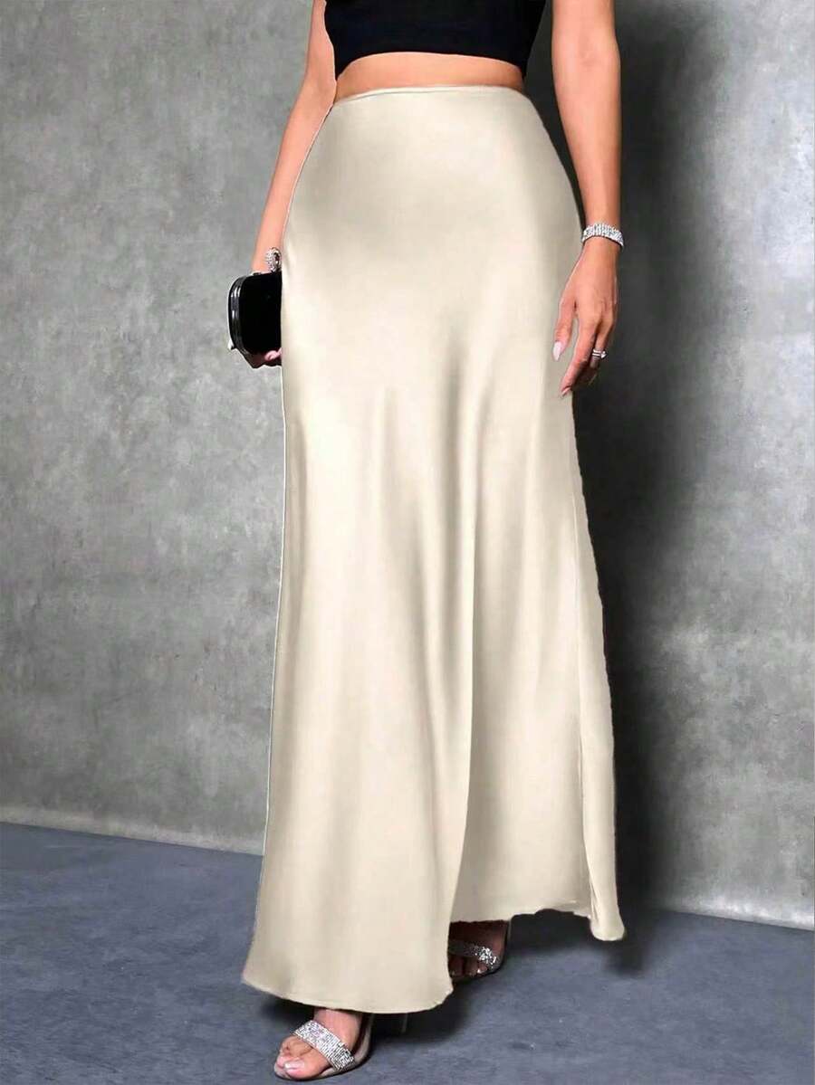 SHEIN Clasi 大码女式长款纯色优雅缎面半身裙 - 彩色 - 查看 1
