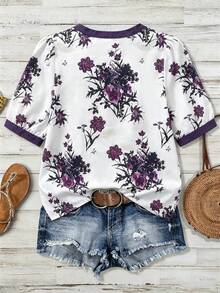 Linhara Striped & Leopard Print Patchwork Casual Elegant Vacation Suitable Western Cowgirl Plus Size Dolman Sleeve Blouse, Suitable For Commuting, Leisure, All Seasons - Purple - View 2
