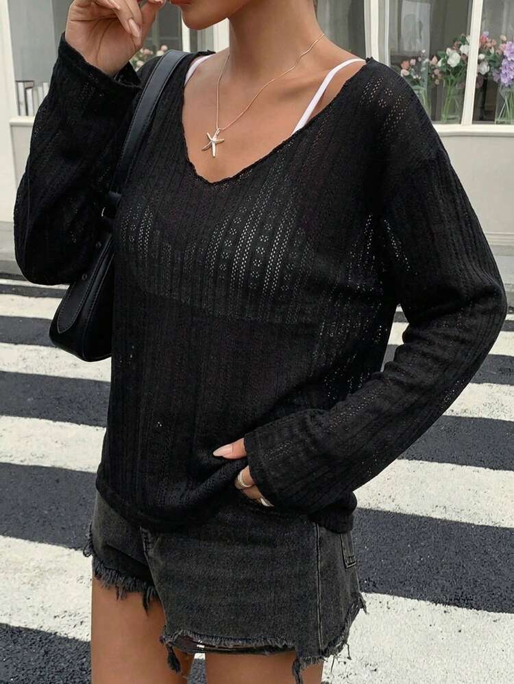 Women's Loose Fit Deep V-Neck Long Sleeve Sheer Casual Top, Urban Street Style T-Shirt For Summer