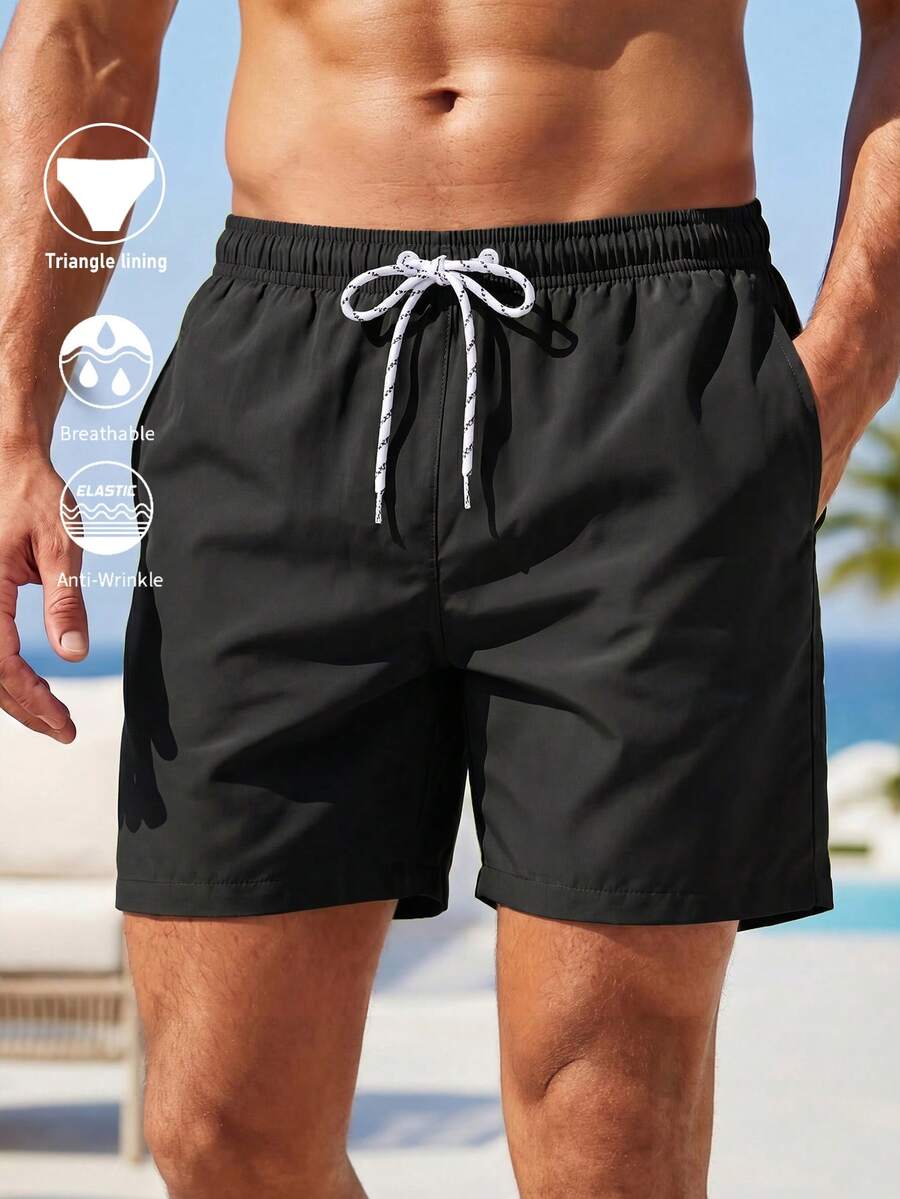 CoralVoy Men Drawstring Waist Solid Swim Trunks - Black - View 1
