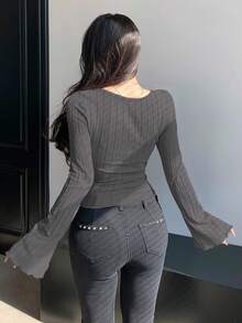 DAZY Solid Color Scoop Neck Criss-Cross Ribbed Knit Slim Fit Long Sleeve T-Shirt Going Out Tops Women - Grey - View 2